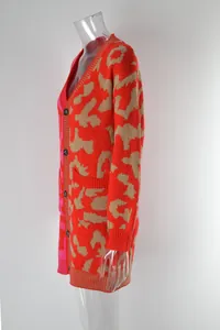 Side profile of women's leopard print spliced knit cardigan with buttons and pockets.