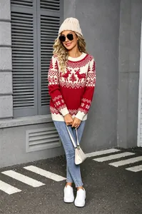 Cozy retro red Christmas knit sweater featuring festive reindeer and snowflake jacquard