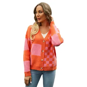 Stylish women's orange and pink checkered patchwork V-neck knit cardigan button-down sweater