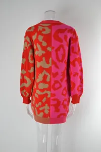 Detailed back view of split-color leopard print knit sweater dress with ribbed hem