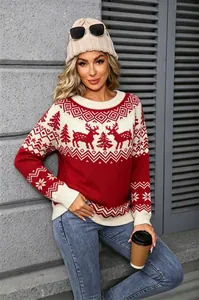 Festive red Christmas sweater featuring retro reindeer and snowflake jacquard details