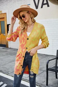 Stylish long-sleeved leopard print split-color knit cardigan for women's street style wear