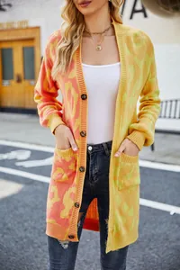 Vibrant long-line leopard print knit cardigan featuring a unique split color block design