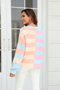 Detail view of a women's pastel color-blocked striped knit sweater with round neck