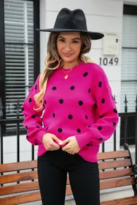 Vibrant pink oversized polka dot knitted pullover sweater for women in street style