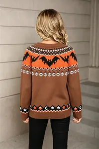 Detailed back view of a brown Halloween knit sweater featuring bat and skull patterns