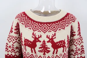 Detailed close-up of a festive red and white Christmas sweater with reindeer patterns.
