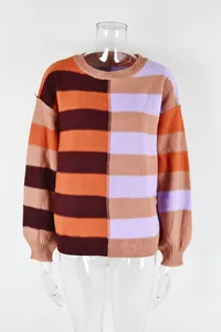 Detailed macro shot of the color block striped pattern on this crew neck knit sweater