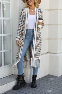 Stylish long plaid cardigan featuring a classic fringe hem and open front for casual wear.