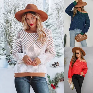 Women Mink Velvet Pullover Sweater Round Neck Chevron Wave Pattern Casual Long Sleeve Knitted Top Winter Autumn Warm Jumper