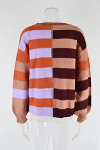 Detailed back view of a multi-color block striped crewneck knit pullover sweater for women