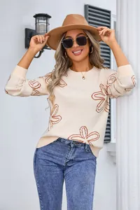 Detailed view of women's floral knit sweater with elegant long sleeves and crewneck.