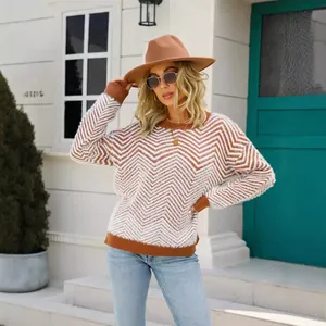 Stylish women's round neck long sleeve knit sweater with a brown and white chevron pattern