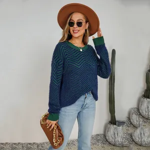 Womens long sleeve crewneck knit sweater with blue and green zigzag pattern