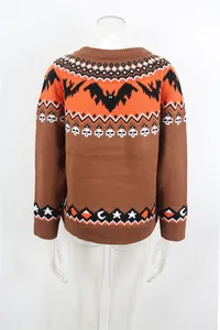 Detailed back view of brown and orange Halloween knit sweater featuring bat and skull patterns
