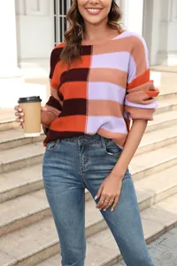 Close-up of color-blocked striped sweater with round neck and knit texture detail