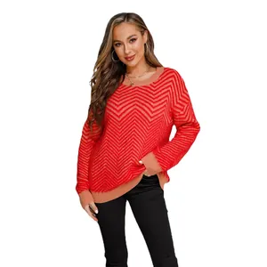Women's round neck long sleeve pullover sweater with red chevron pattern and ribbed trim