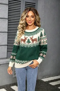 Close-up detail of women's vintage Christmas jacquard knit sweater featuring reindeer pattern