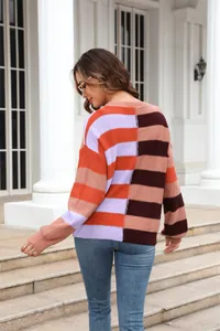 Detailed back view of a stylish color-block striped knit sweater with ribbed cuffs for women