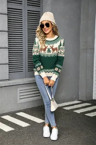 Vintage Christmas knit sweater with reindeer and tree jacquard patterns for holiday.