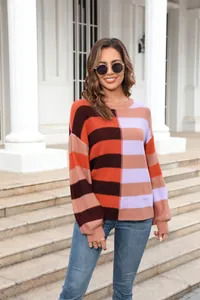 Color-block striped knit sweater for women with a round neck and casual long sleeves