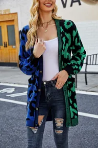 Detailed view of color-block leopard print knit cardigan with vibrant blue and green tones.