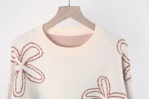 Close-up detail of cream knit sweater featuring brown flower patterns and ribbed round neck