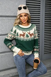 Women's vintage Christmas knit sweater featuring reindeer and pine tree jacquard details