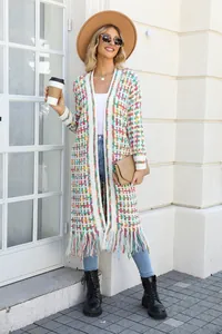 Bohemian style long knit cardigan sweater with vibrant colorful tassel details