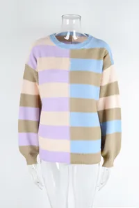 Detailed view of women's colorblock striped crewneck knit pullover sweater with ribbed cuffs