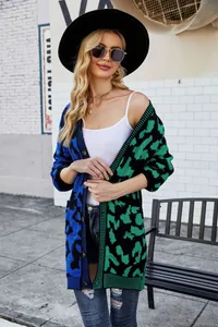 Close-up view of a stylish women's leopard print patchwork knit cardigan sweater