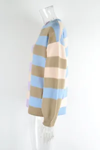 Side detail of a colorful striped knit pullover sweater featuring a ribbed hem and cuffs.