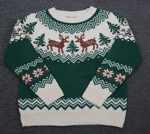 Retro festive Christmas knitted sweater featuring reindeer and pine tree jacquard pattern