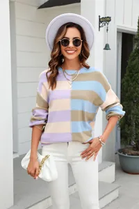 Close-up view of a chic women's color-blocked striped knit sweater in soft purple and blue