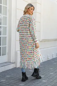 Back view of a vibrant colorful long knit cardigan featuring bohemian fringe details