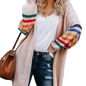 Cardigan en maille beige décontracté pour femme avec manches rayées arc-en-ciel