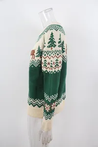 Side view detail of green and white vintage Christmas jacquard knit sweater