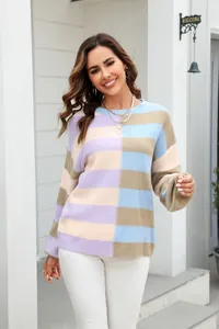 Stylish color-block striped knit sweater featuring soft pastel shades and a crew neckline