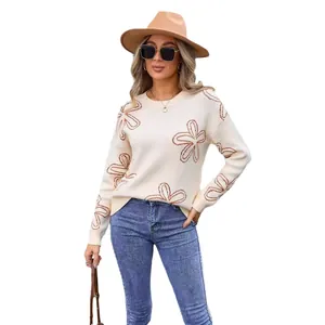 Elegant off-white crewneck knit sweater featuring large brown floral patterns for women