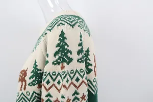 Close-up of Christmas knit sweater detail with reindeer and pine tree patterns.