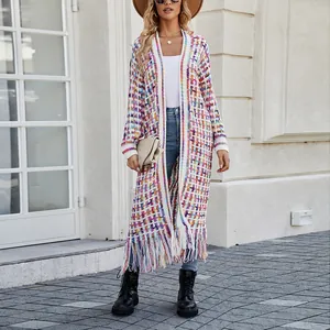 Colorful checkered long open front cardigan sweater with fringe tassels for women