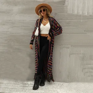 Stylish long multi-colored knit cardigan featuring fringe hem in boho urban style