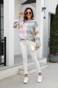 Stylish color block striped crew neck knit sweater paired with casual white outfit