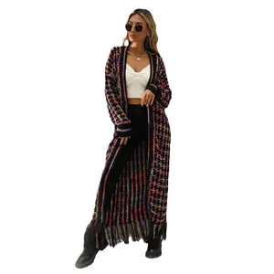 Long colorful checkered knit cardigan with fringes and open front design for women