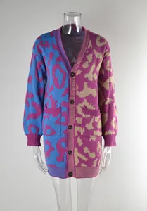 Full front view of a leopard print color block knitted cardigan displayed on a mannequin.