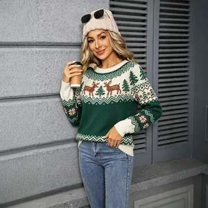 Retro Christmas knit sweater with reindeer and tree patterns for festive parties