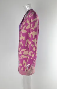 Side profile of a stylish purple leopard print mid-length knit cardigan with buttons