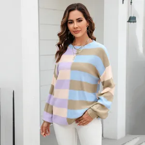 Chic color-block striped crewneck sweater for women, perfect for spring or fall wear.
