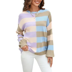 Stylish women's color block striped crewneck knit sweater with loose fit long sleeves