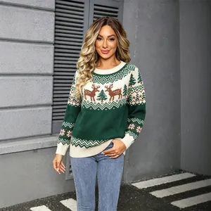 Cozy retro jacquard Christmas sweater with reindeer and tree patterns for parties
